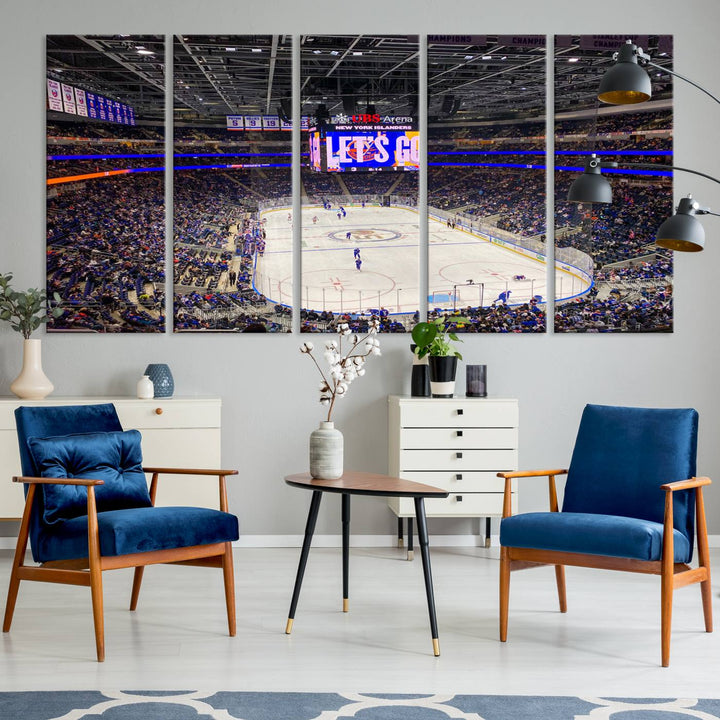 A vividly depicted hockey game at a bustling arena comes to life in your living room. This scene, captured on the UBS Arena Elmont New York Islanders Ice Hockey Wall Art Canvas Print, brings museum-quality sophistication to your space with its high-resolution detail.