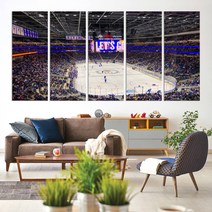 A vividly depicted hockey game at a bustling arena comes to life in your living room. This scene, captured on the UBS Arena Elmont New York Islanders Ice Hockey Wall Art Canvas Print, brings museum-quality sophistication to your space with its high-resolution detail.