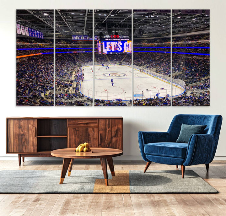 A vividly depicted hockey game at a bustling arena comes to life in your living room. This scene, captured on the UBS Arena Elmont New York Islanders Ice Hockey Wall Art Canvas Print, brings museum-quality sophistication to your space with its high-resolution detail.