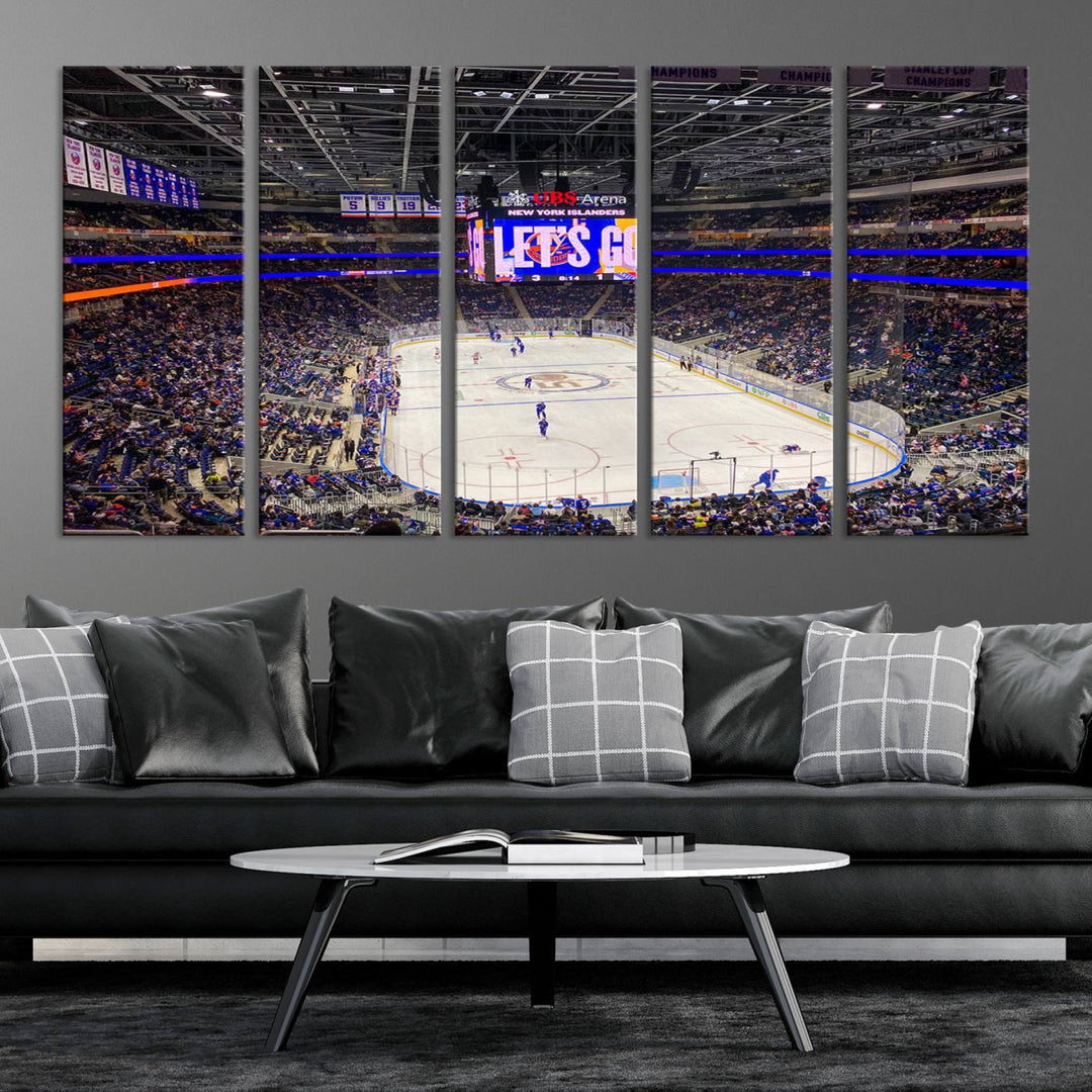 A vividly depicted hockey game at a bustling arena comes to life in your living room. This scene, captured on the UBS Arena Elmont New York Islanders Ice Hockey Wall Art Canvas Print, brings museum-quality sophistication to your space with its high-resolution detail.