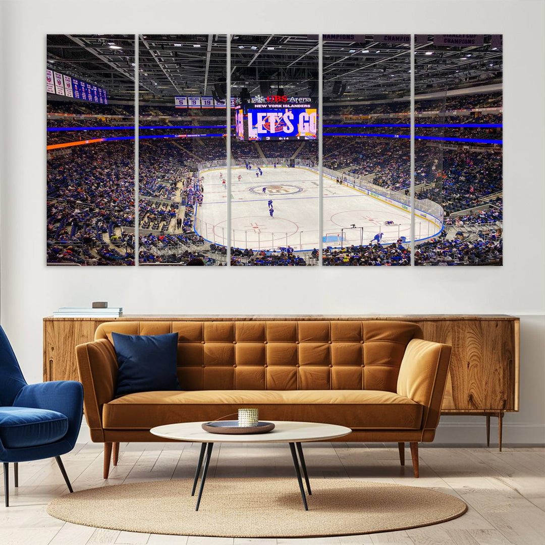 A vividly depicted hockey game at a bustling arena comes to life in your living room. This scene, captured on the UBS Arena Elmont New York Islanders Ice Hockey Wall Art Canvas Print, brings museum-quality sophistication to your space with its high-resolution detail.