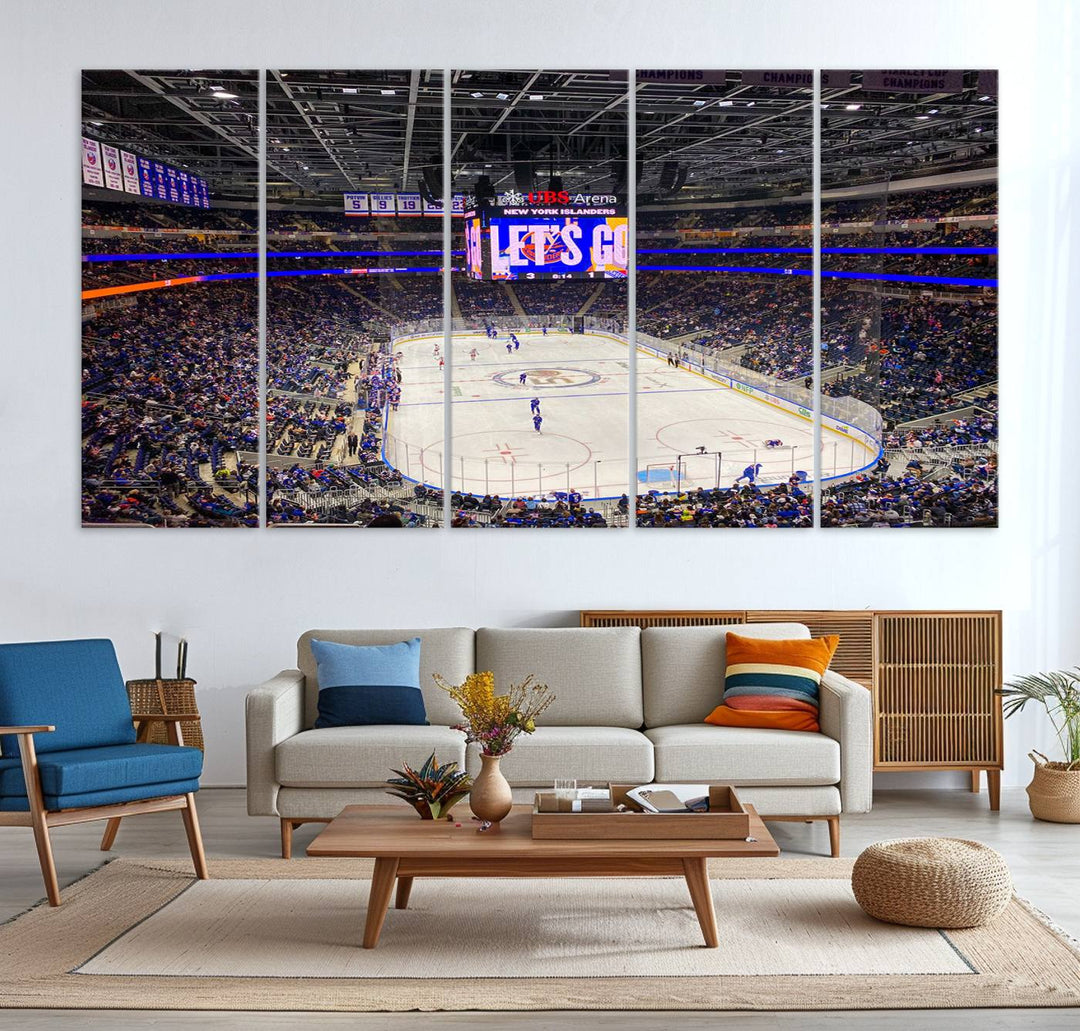 A vividly depicted hockey game at a bustling arena comes to life in your living room. This scene, captured on the UBS Arena Elmont New York Islanders Ice Hockey Wall Art Canvas Print, brings museum-quality sophistication to your space with its high-resolution detail.