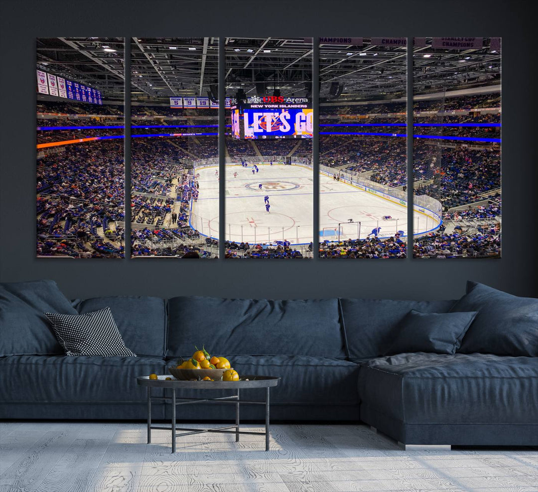 A vividly depicted hockey game at a bustling arena comes to life in your living room. This scene, captured on the UBS Arena Elmont New York Islanders Ice Hockey Wall Art Canvas Print, brings museum-quality sophistication to your space with its high-resolution detail.