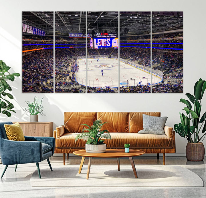 A vividly depicted hockey game at a bustling arena comes to life in your living room. This scene, captured on the UBS Arena Elmont New York Islanders Ice Hockey Wall Art Canvas Print, brings museum-quality sophistication to your space with its high-resolution detail.