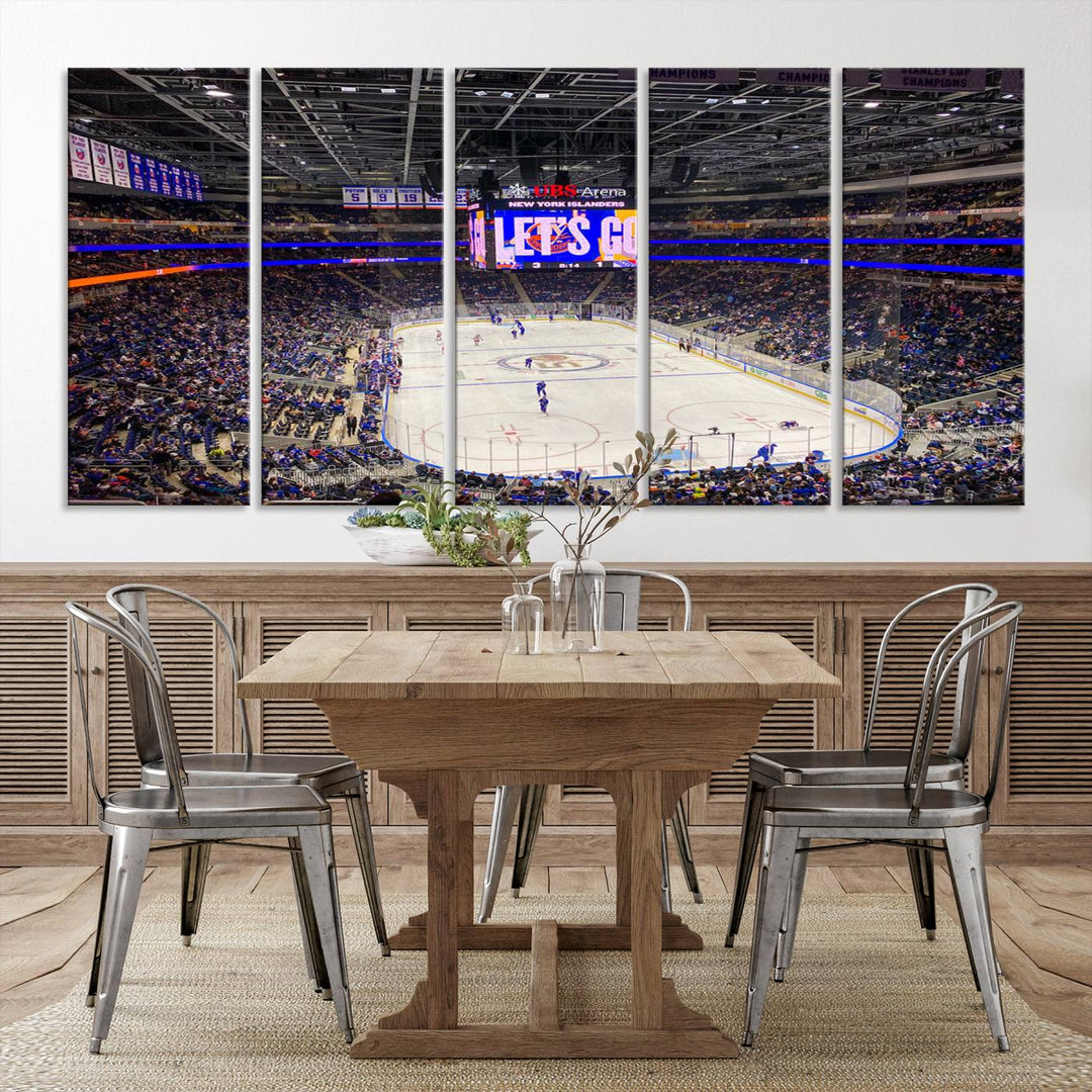 A vividly depicted hockey game at a bustling arena comes to life in your living room. This scene, captured on the UBS Arena Elmont New York Islanders Ice Hockey Wall Art Canvas Print, brings museum-quality sophistication to your space with its high-resolution detail.