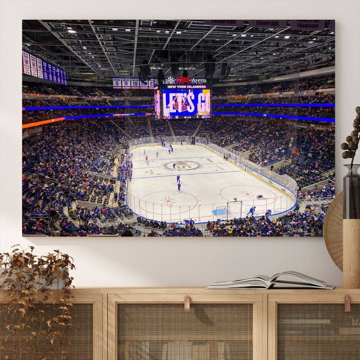 A vividly depicted hockey game at a bustling arena comes to life in your living room. This scene, captured on the UBS Arena Elmont New York Islanders Ice Hockey Wall Art Canvas Print, brings museum-quality sophistication to your space with its high-resolution detail.