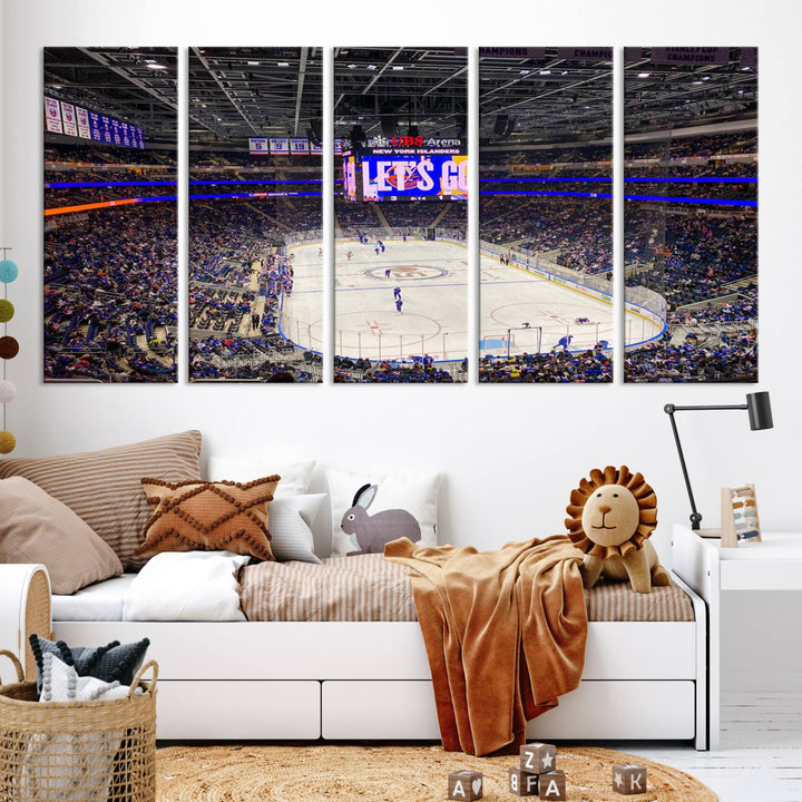 A vividly depicted hockey game at a bustling arena comes to life in your living room. This scene, captured on the UBS Arena Elmont New York Islanders Ice Hockey Wall Art Canvas Print, brings museum-quality sophistication to your space with its high-resolution detail.