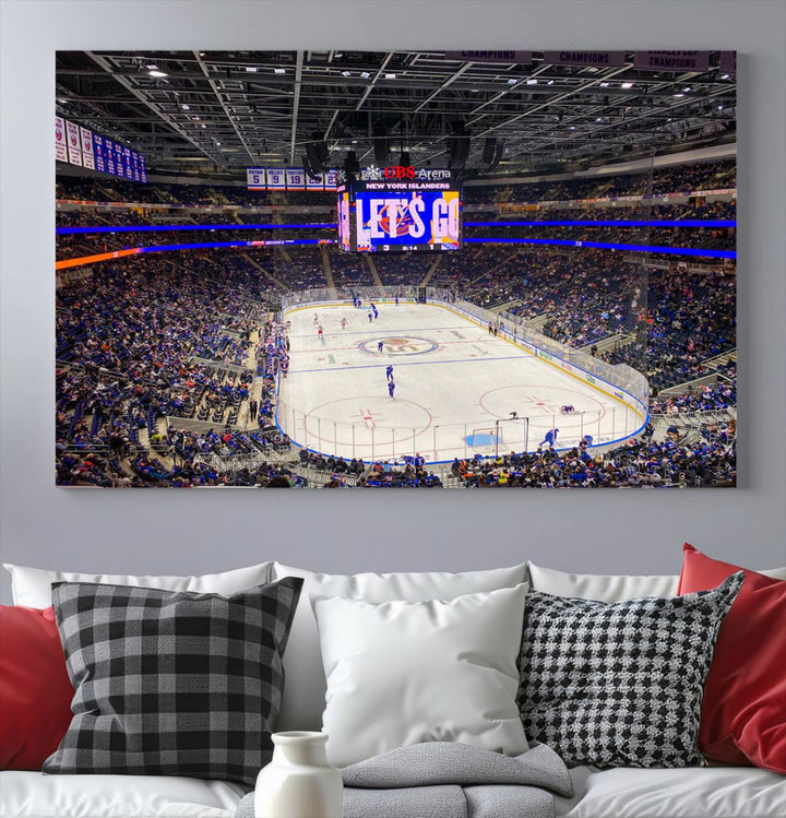 A vividly depicted hockey game at a bustling arena comes to life in your living room. This scene, captured on the UBS Arena Elmont New York Islanders Ice Hockey Wall Art Canvas Print, brings museum-quality sophistication to your space with its high-resolution detail.