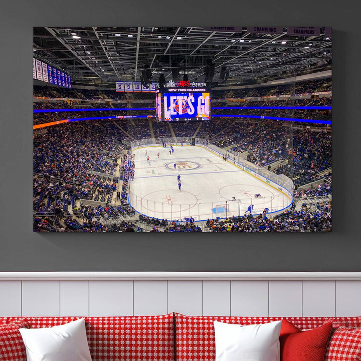 A vividly depicted hockey game at a bustling arena comes to life in your living room. This scene, captured on the UBS Arena Elmont New York Islanders Ice Hockey Wall Art Canvas Print, brings museum-quality sophistication to your space with its high-resolution detail.