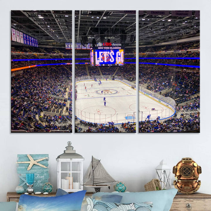 A vividly depicted hockey game at a bustling arena comes to life in your living room. This scene, captured on the UBS Arena Elmont New York Islanders Ice Hockey Wall Art Canvas Print, brings museum-quality sophistication to your space with its high-resolution detail.