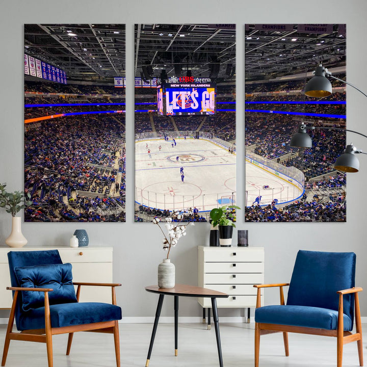 A vividly depicted hockey game at a bustling arena comes to life in your living room. This scene, captured on the UBS Arena Elmont New York Islanders Ice Hockey Wall Art Canvas Print, brings museum-quality sophistication to your space with its high-resolution detail.