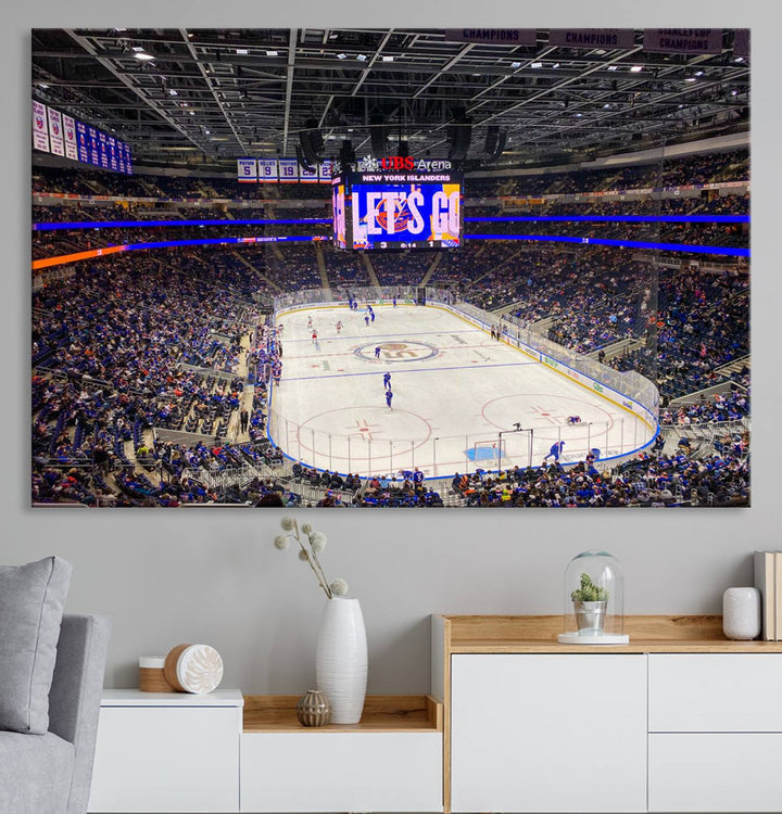 A vividly depicted hockey game at a bustling arena comes to life in your living room. This scene, captured on the UBS Arena Elmont New York Islanders Ice Hockey Wall Art Canvas Print, brings museum-quality sophistication to your space with its high-resolution detail.