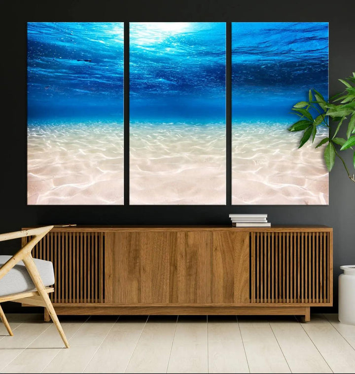 Underwater Ocean Scene Giclee Canvas Print – Serene Deep Blue Seascape Wall Art for Coastal Home Decor, Tranquil Sea Bottom Landscape