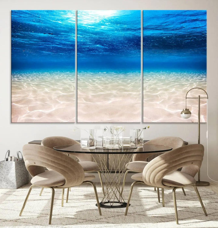 Underwater Ocean Scene Giclee Canvas Print – Serene Deep Blue Seascape Wall Art for Coastal Home Decor, Tranquil Sea Bottom Landscape