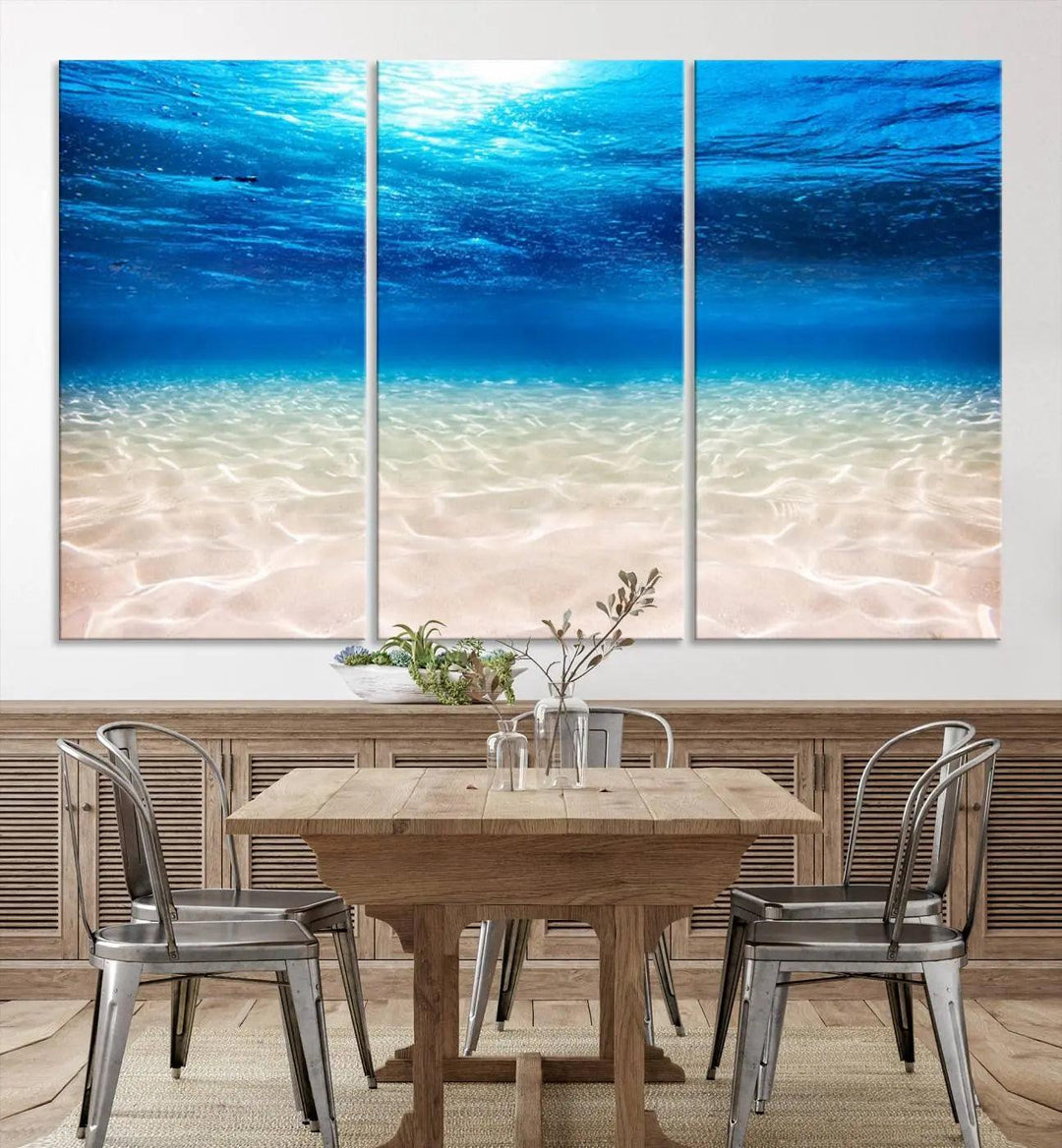 Underwater Ocean Scene Giclee Canvas Print – Serene Deep Blue Seascape Wall Art for Coastal Home Decor, Tranquil Sea Bottom Landscape