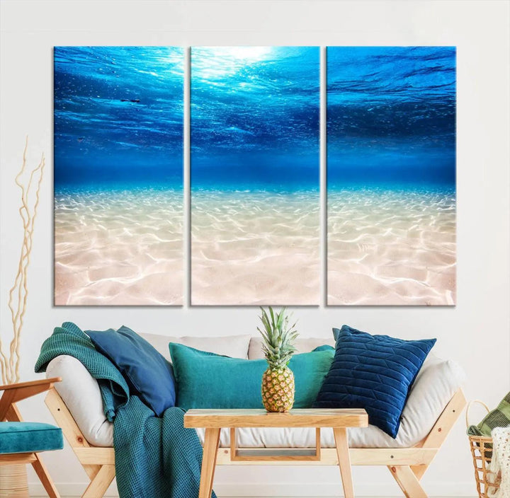 Underwater Ocean Scene Giclee Canvas Print – Serene Deep Blue Seascape Wall Art for Coastal Home Decor, Tranquil Sea Bottom Landscape