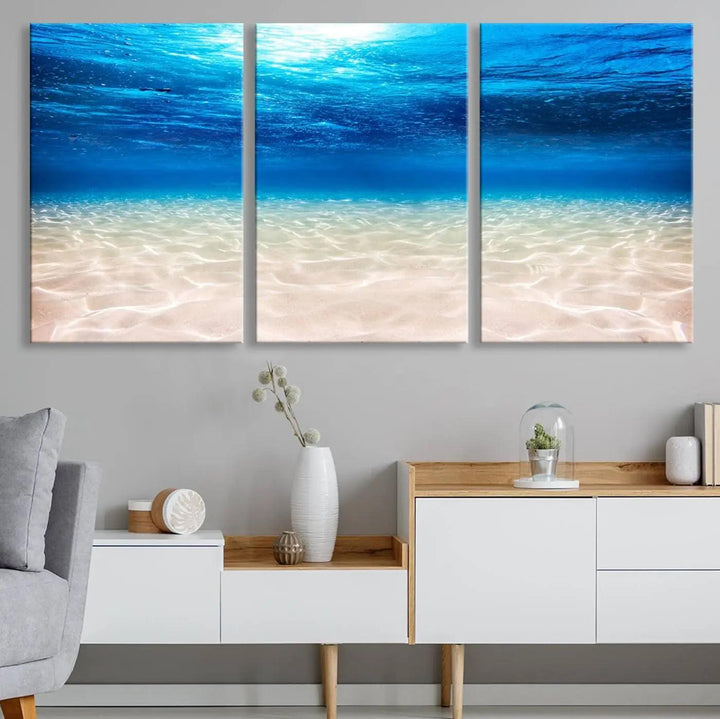 Underwater Ocean Scene Giclee Canvas Print – Serene Deep Blue Seascape Wall Art for Coastal Home Decor, Tranquil Sea Bottom Landscape