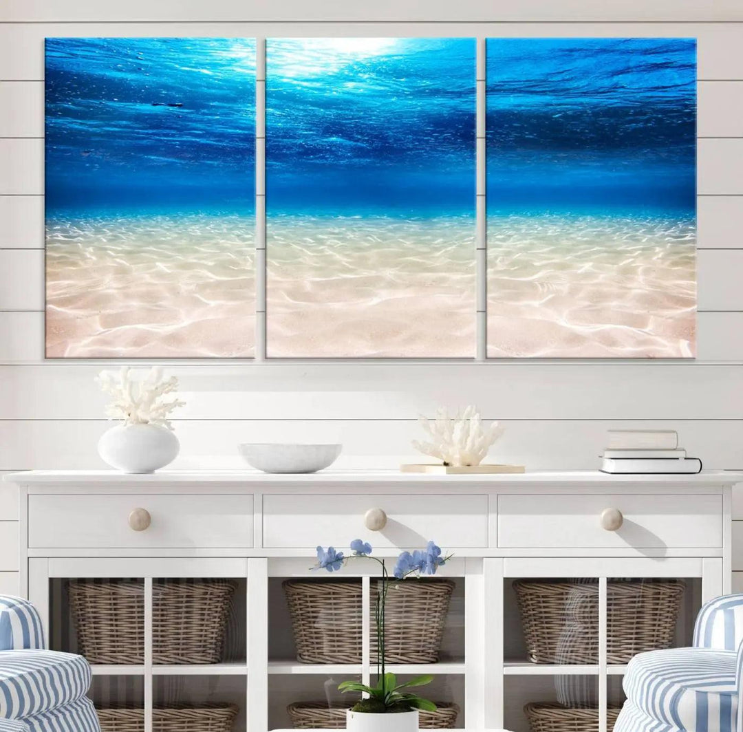 Underwater Ocean Scene Giclee Canvas Print – Serene Deep Blue Seascape Wall Art for Coastal Home Decor, Tranquil Sea Bottom Landscape