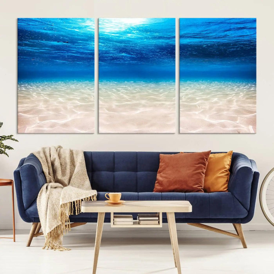 Underwater Ocean Scene Giclee Canvas Print – Serene Deep Blue Seascape Wall Art for Coastal Home Decor, Tranquil Sea Bottom Landscape