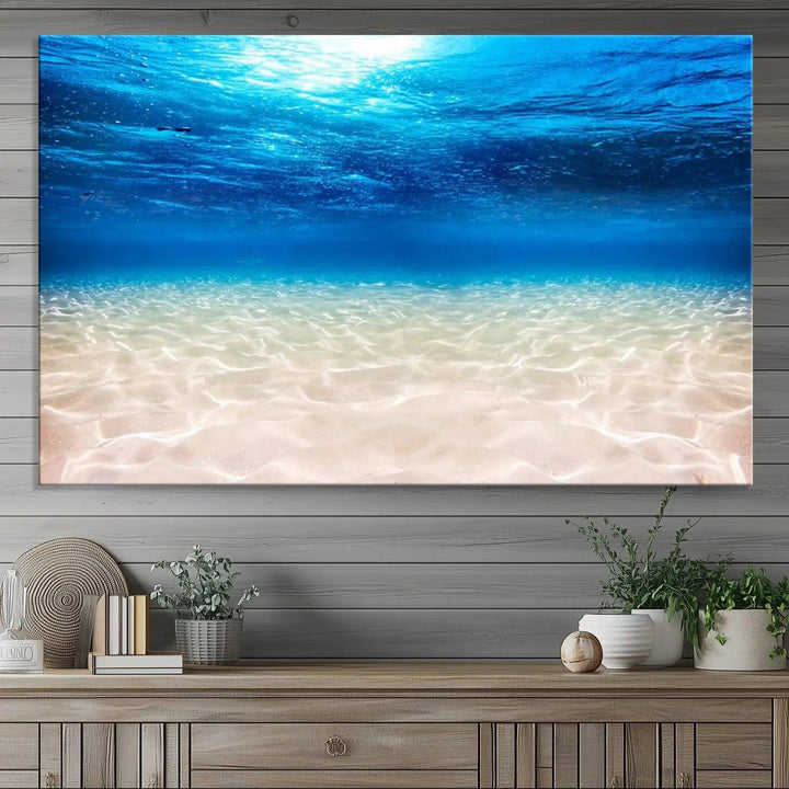 Underwater Ocean Scene Giclee Canvas Print – Serene Deep Blue Seascape Wall Art for Coastal Home Decor, Tranquil Sea Bottom Landscape