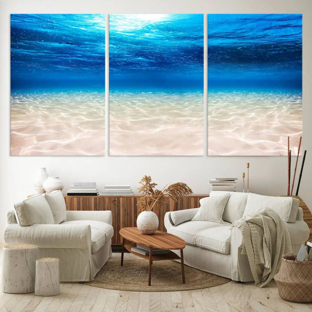 Underwater Ocean Scene Giclee Canvas Print – Serene Deep Blue Seascape Wall Art for Coastal Home Decor, Tranquil Sea Bottom Landscape