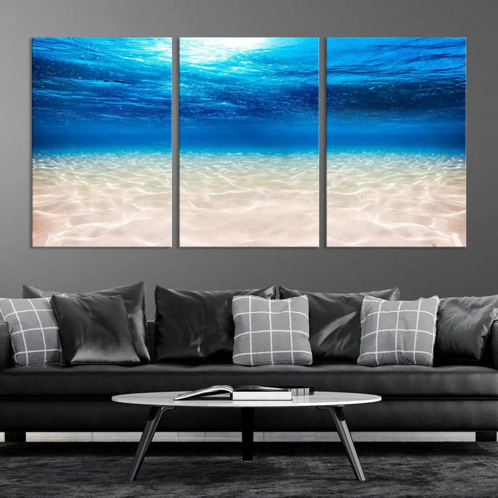 Underwater Ocean Scene Giclee Canvas Print – Serene Deep Blue Seascape Wall Art for Coastal Home Decor, Tranquil Sea Bottom Landscape