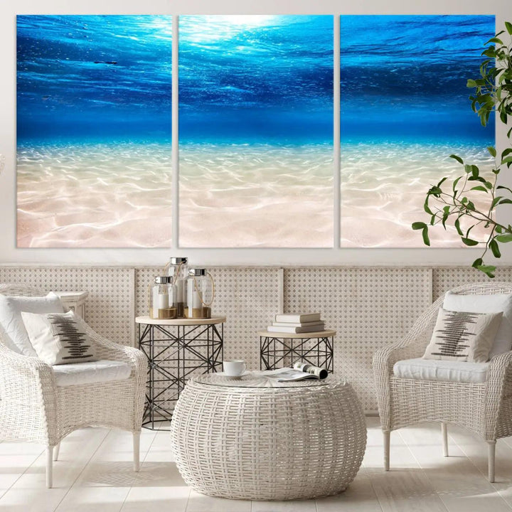 Underwater Ocean Scene Giclee Canvas Print – Serene Deep Blue Seascape Wall Art for Coastal Home Decor, Tranquil Sea Bottom Landscape