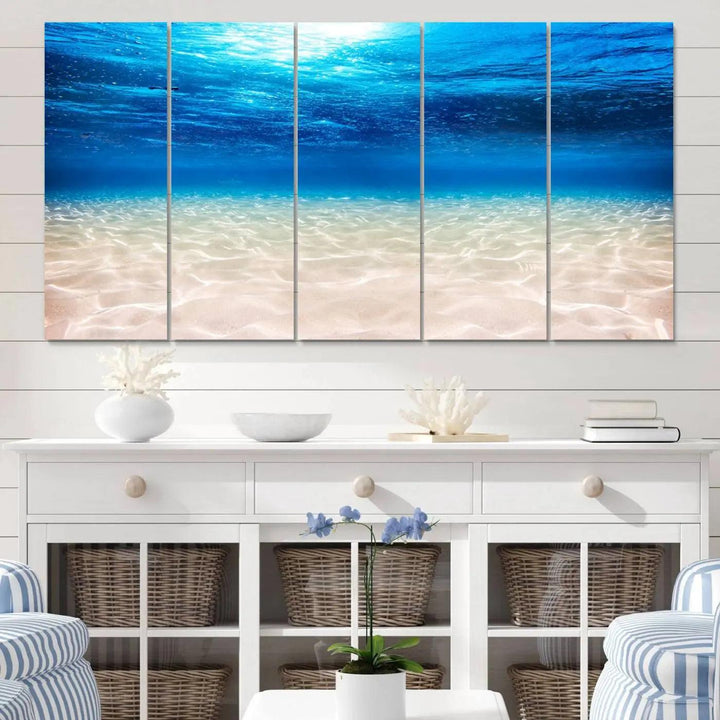 Underwater Ocean Scene Giclee Canvas Print – Serene Deep Blue Seascape Wall Art for Coastal Home Decor, Tranquil Sea Bottom Landscape