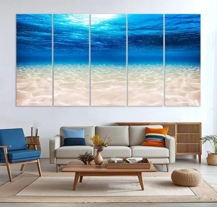 Underwater Ocean Scene Giclee Canvas Print – Serene Deep Blue Seascape Wall Art for Coastal Home Decor, Tranquil Sea Bottom Landscape