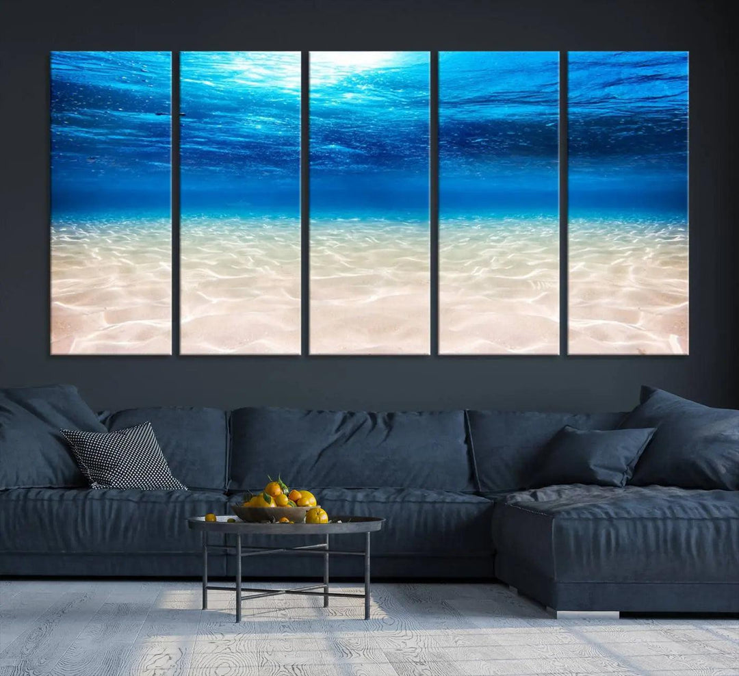 Underwater Ocean Scene Giclee Canvas Print – Serene Deep Blue Seascape Wall Art for Coastal Home Decor, Tranquil Sea Bottom Landscape