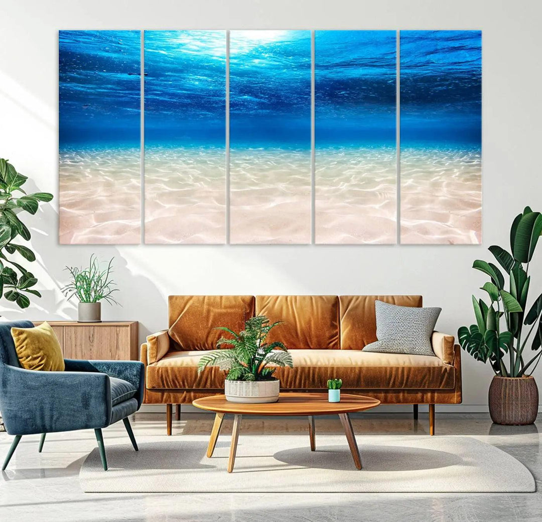 Underwater Ocean Scene Giclee Canvas Print – Serene Deep Blue Seascape Wall Art for Coastal Home Decor, Tranquil Sea Bottom Landscape