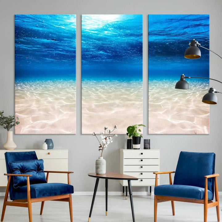 Underwater Ocean Scene Giclee Canvas Print – Serene Deep Blue Seascape Wall Art for Coastal Home Decor, Tranquil Sea Bottom Landscape