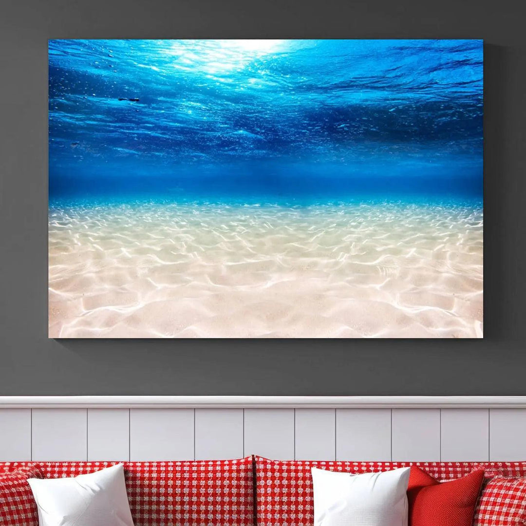 Underwater Ocean Scene Giclee Canvas Print – Serene Deep Blue Seascape Wall Art for Coastal Home Decor, Tranquil Sea Bottom Landscape