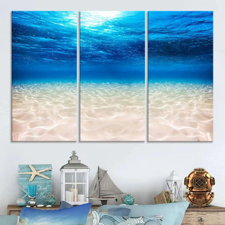 Underwater Ocean Scene Giclee Canvas Print – Serene Deep Blue Seascape Wall Art for Coastal Home Decor, Tranquil Sea Bottom Landscape