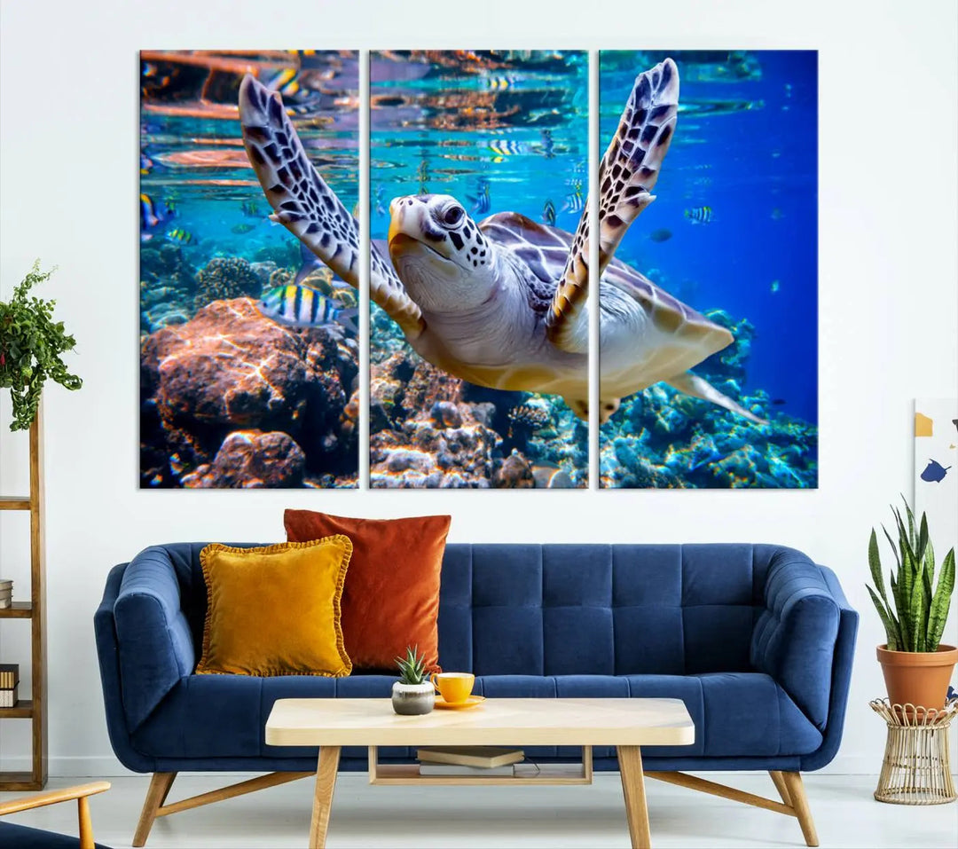 The "Underwater Sea Turtle Wall Art Canvas Print" features a sea turtle gliding elegantly over a vibrant coral reef, creating a stunning focal point. It comes ready to hang for easy display.