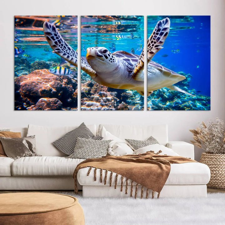 The "Underwater Sea Turtle Wall Art Canvas Print" features a sea turtle gliding elegantly over a vibrant coral reef, creating a stunning focal point. It comes ready to hang for easy display.