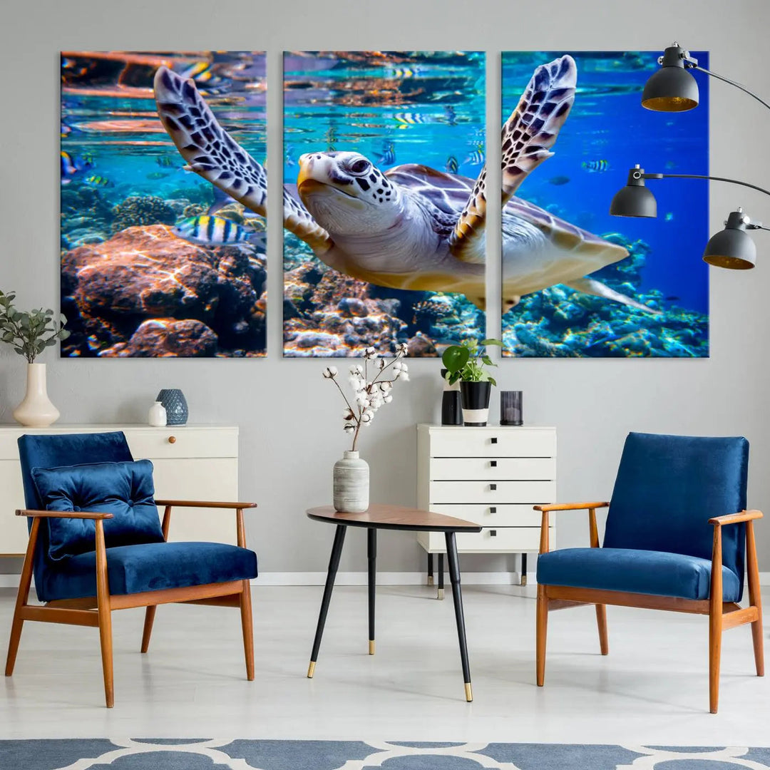 The "Underwater Sea Turtle Wall Art Canvas Print" features a sea turtle gliding elegantly over a vibrant coral reef, creating a stunning focal point. It comes ready to hang for easy display.