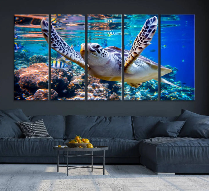 The "Underwater Sea Turtle Wall Art Canvas Print" features a sea turtle gliding elegantly over a vibrant coral reef, creating a stunning focal point. It comes ready to hang for easy display.