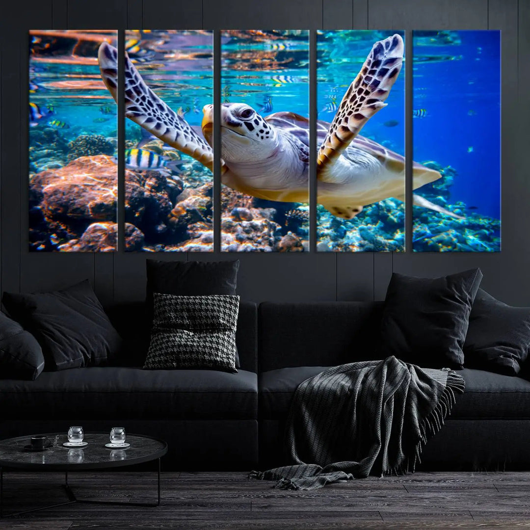 The "Underwater Sea Turtle Wall Art Canvas Print" features a sea turtle gliding elegantly over a vibrant coral reef, creating a stunning focal point. It comes ready to hang for easy display.