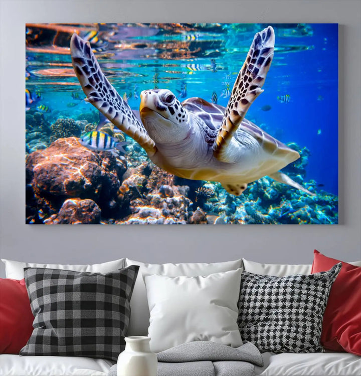 The "Underwater Sea Turtle Wall Art Canvas Print" features a sea turtle gliding elegantly over a vibrant coral reef, creating a stunning focal point. It comes ready to hang for easy display.