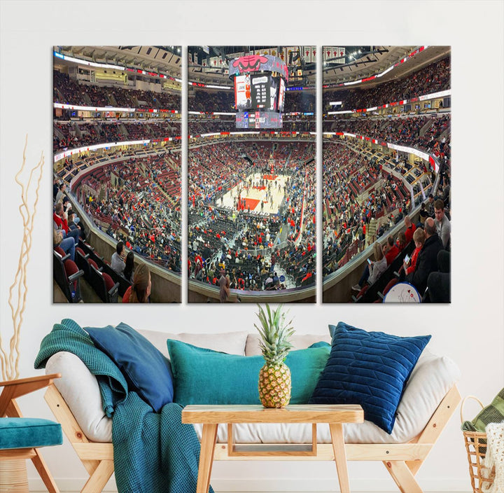 A panoramic view captures the bustling United Center during a Chicago Bulls game, showcasing the action on court and a prominent scoreboard overhead, ideal for immortalizing as a museum-quality canvas print.