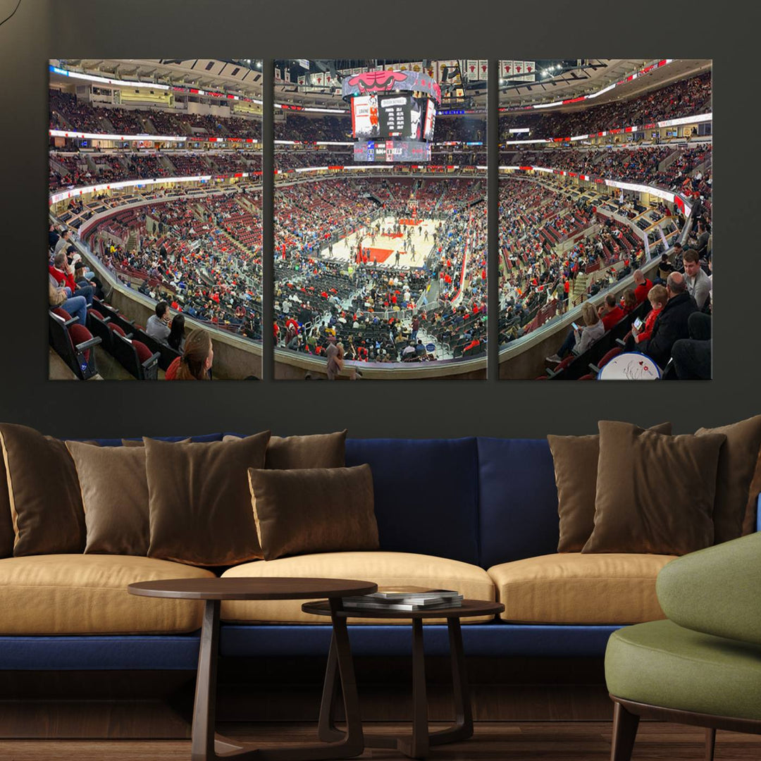 A panoramic view captures the bustling United Center during a Chicago Bulls game, showcasing the action on court and a prominent scoreboard overhead, ideal for immortalizing as a museum-quality canvas print.