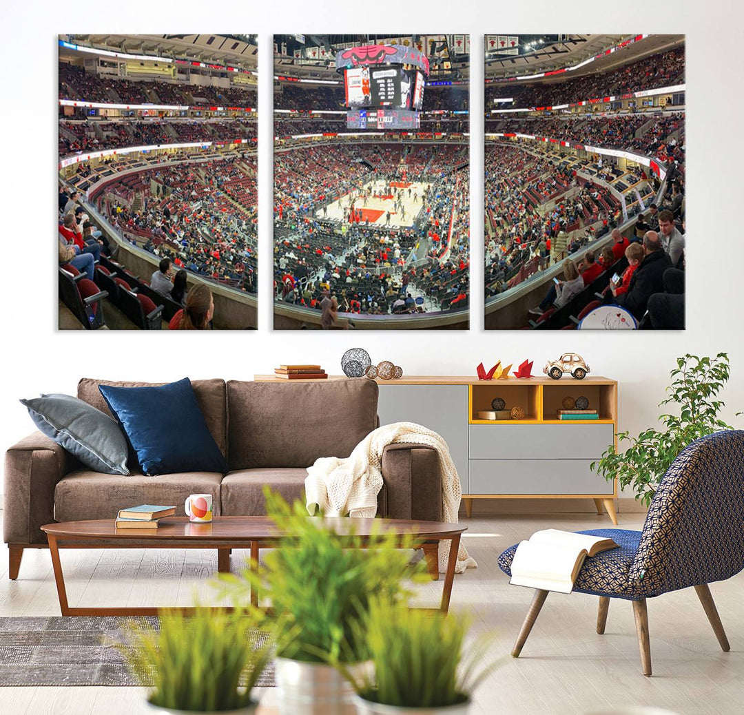 A panoramic view captures the bustling United Center during a Chicago Bulls game, showcasing the action on court and a prominent scoreboard overhead, ideal for immortalizing as a museum-quality canvas print.