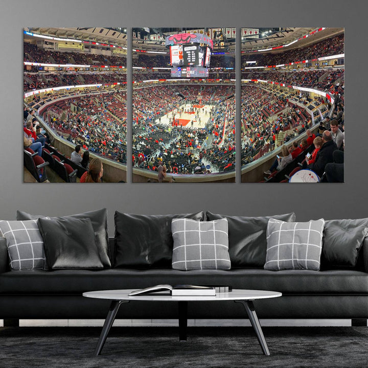 A panoramic view captures the bustling United Center during a Chicago Bulls game, showcasing the action on court and a prominent scoreboard overhead, ideal for immortalizing as a museum-quality canvas print.