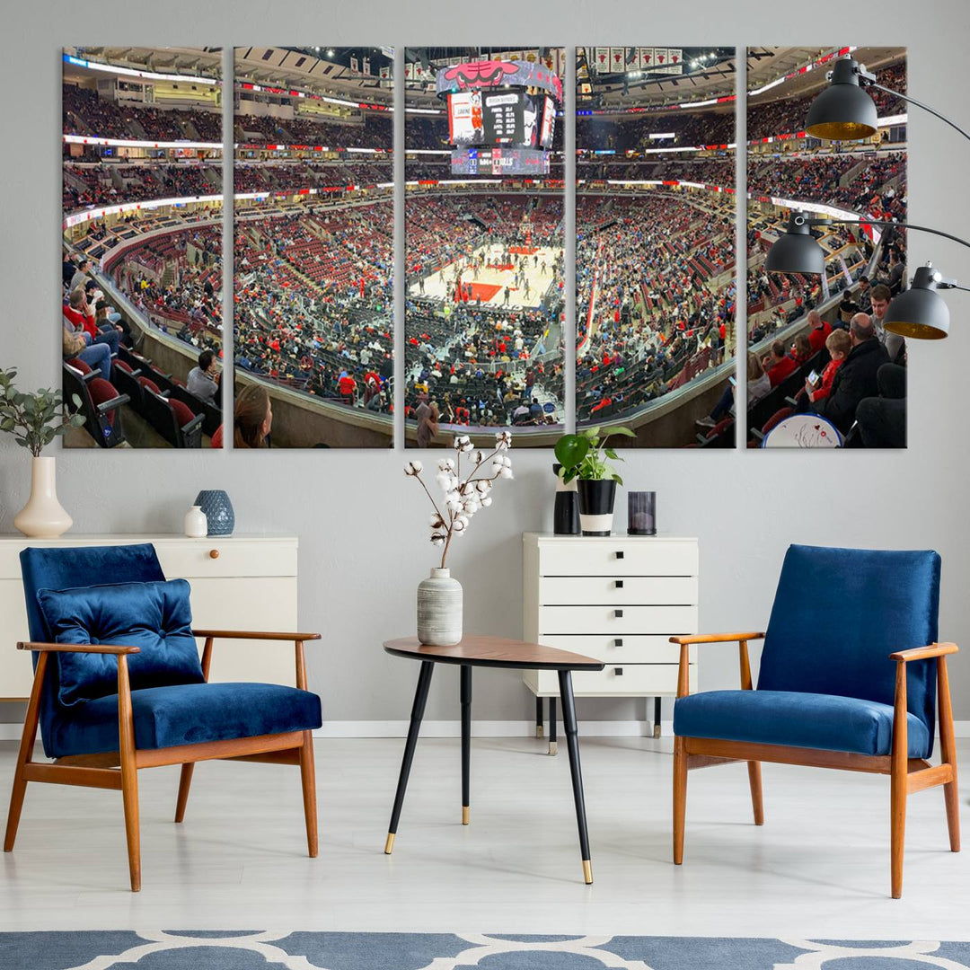 A panoramic view captures the bustling United Center during a Chicago Bulls game, showcasing the action on court and a prominent scoreboard overhead, ideal for immortalizing as a museum-quality canvas print.