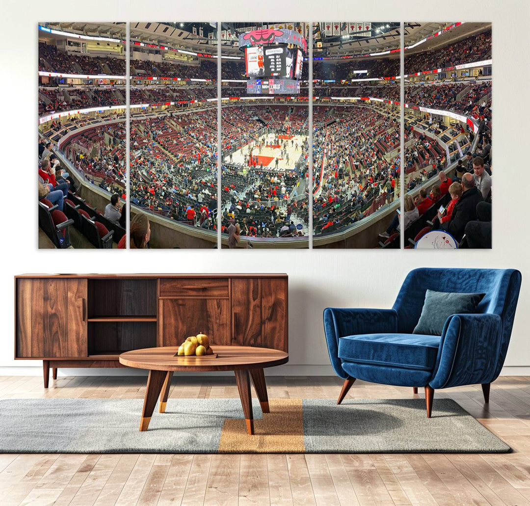 A panoramic view captures the bustling United Center during a Chicago Bulls game, showcasing the action on court and a prominent scoreboard overhead, ideal for immortalizing as a museum-quality canvas print.