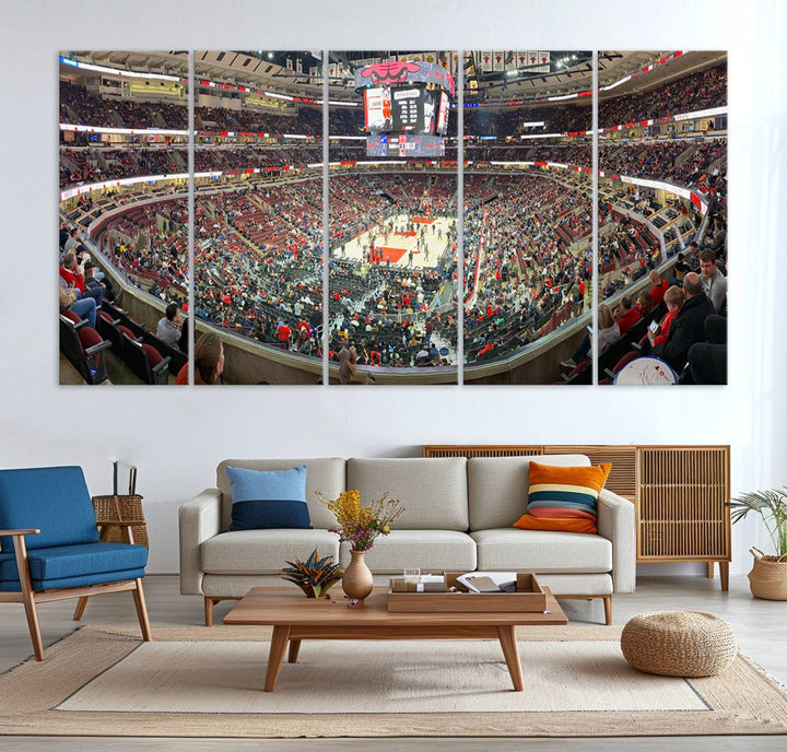 A panoramic view captures the bustling United Center during a Chicago Bulls game, showcasing the action on court and a prominent scoreboard overhead, ideal for immortalizing as a museum-quality canvas print.