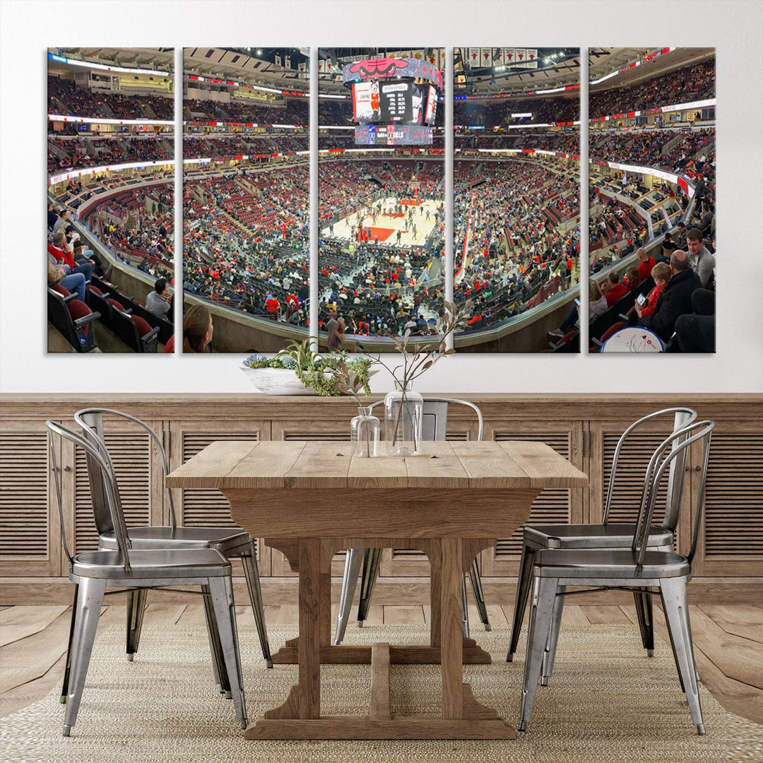 A panoramic view captures the bustling United Center during a Chicago Bulls game, showcasing the action on court and a prominent scoreboard overhead, ideal for immortalizing as a museum-quality canvas print.