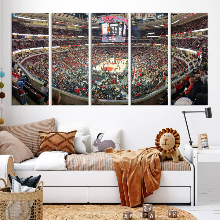 A panoramic view captures the bustling United Center during a Chicago Bulls game, showcasing the action on court and a prominent scoreboard overhead, ideal for immortalizing as a museum-quality canvas print.