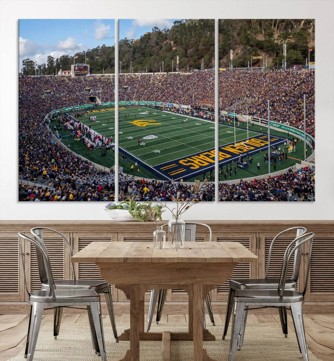 A large depiction of the University of California Golden Bears Football Team is captured in a stunning canvas print of Berkeley California Memorial Stadium. This artwork is split into three canvases with a gallery-quality finish, transforming the room into a contemporary display of wall art.